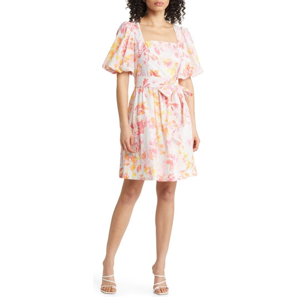 Eliza j Floral Print Puff Sleeve Eyelet Cotton Dress Nwot